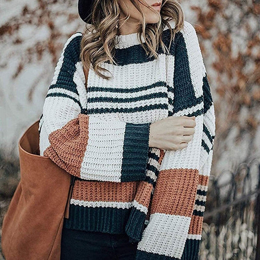 Knitted Hoodie Fashion Lovely Chic Preppy Harajuku Long Sleeve O-Neck Striped Color Block Girls Pullover Loose Knitwear